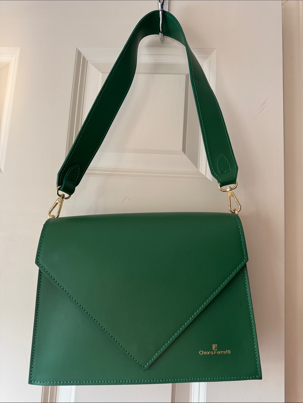 Leather Emerald Green Envelope Shoulder Bag with Wide Strap